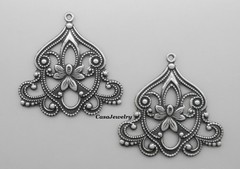 #0161 LARGE ANTIQUED STERLING SILVER PLATED FILIGREE W/TOP HANG RING – 2 Pc Lot