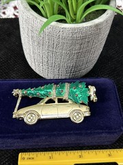 AJC Large Christmas Brooch Bringing Home the Tree with Car Gold Tone and Enamel