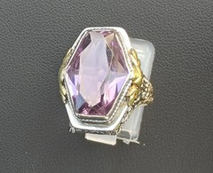 Antique Art Deco Large Hexagon Amethyst Cocktail Ring 14k White Gold Yellow