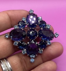 Vintage Silver Tone Prong Set Blue Rhinestone Pin Brooch 2 1/4”