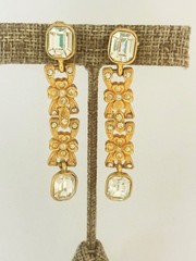 Vintage Long Dangle Rhinestone Clip On Earrings Gold Tone Runway Statement