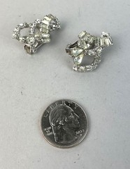 Vintage 50s White Rhinestone Silver tone Clip on Earrings Beautiful!