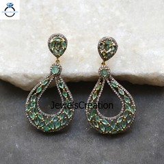 Natural Emerald Gemstone Earrings Pave Diamond Sterling Silver Jewelry Gifts