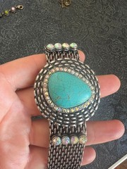 Vintage Silver Tone Turquoise Style Wide Mesh Cuff Bracelet Boho Statement