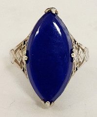 Antique Art Deco Marquise Shape Lapis Lazuli Sterling Silver Filigree Ring 6.5