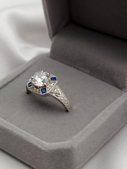 Vintage BBJ Sterling 1.00ct Round Crystal 4 Blue Sapphire Art Deco ring Sz9 4gr