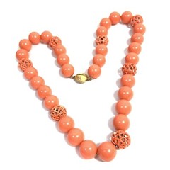 VINTAGE Orange Acrylic Metal Filigree Bead Necklace Gold Tone Box Clasp 18″