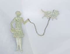 RARE ART DECO 1920s Vintage Silver Metal Flapper Walking DOG Double Brooch PIN