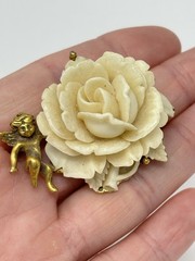 Vintage Cherub Angel Carved Rose Pin Brooch Gold Tone Cream Celluloid