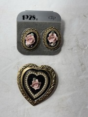 Vintage Rose On Black And Gold Toned Clip On Earrings And Pendant