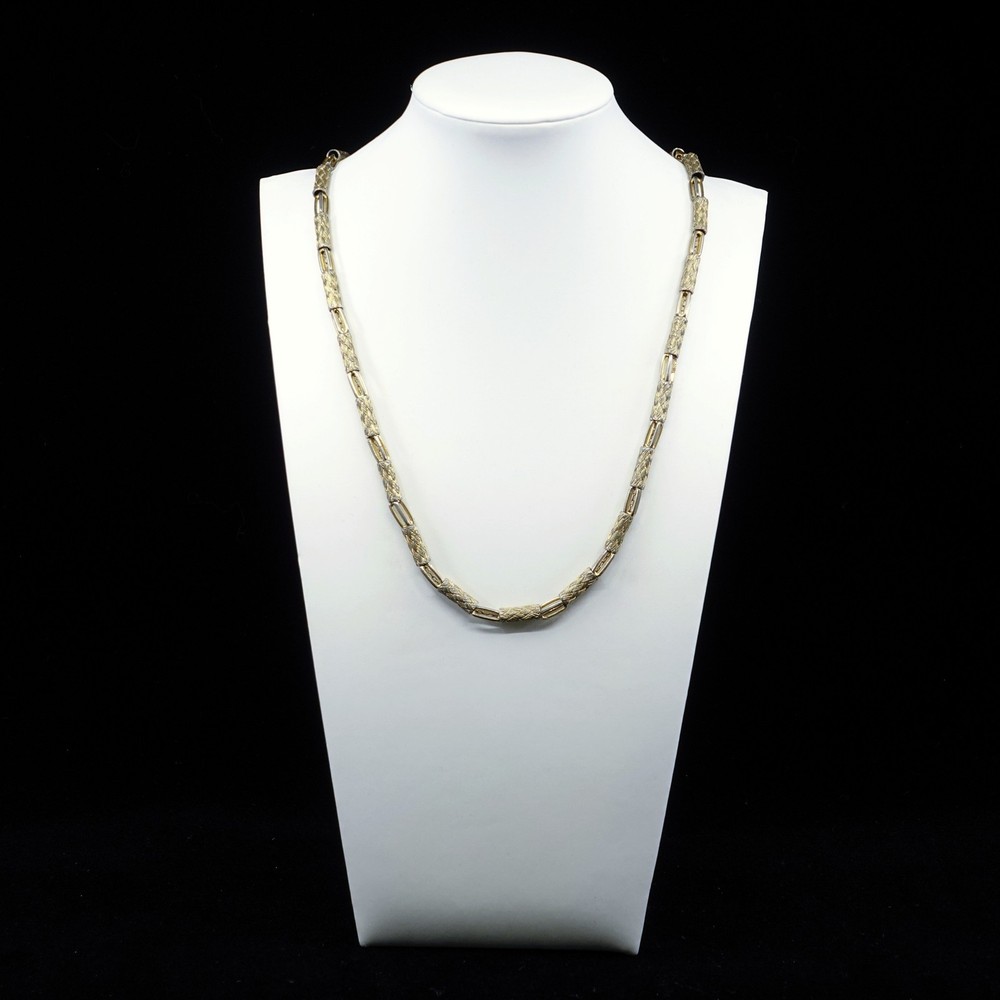 70s Gold Tone Etched Textured Bar and Link Chain Opera Length Necklace