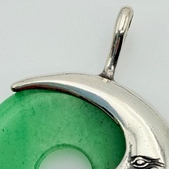 Vintage Crescent Man in the Moon Sterling Silver And Jade Jadiete Pendant NOS