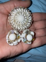 Vintage signed “West Germany” Demi-parure 1950s milk glass starburst set