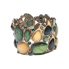 VTG Shades of Green & Yellow Shimmering Faux Opal Stretch Cuff Bracelet 6.5″