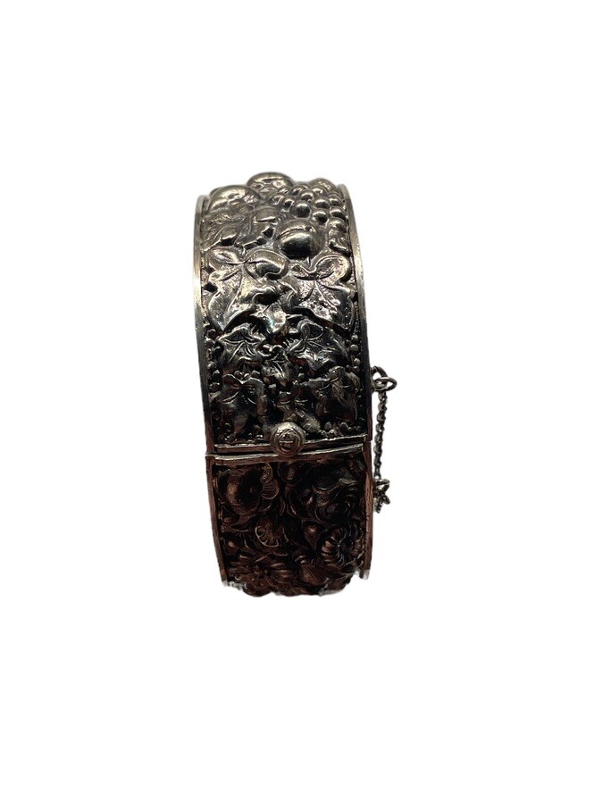 Antique Silver Plated 3-D Art Nouveau Hinged Cuff Bracelet Hallmarked