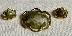 Lot 3 Pieces of Vintage Estate Jewelry Brooches & Earrings Moss Agate Set & Paua