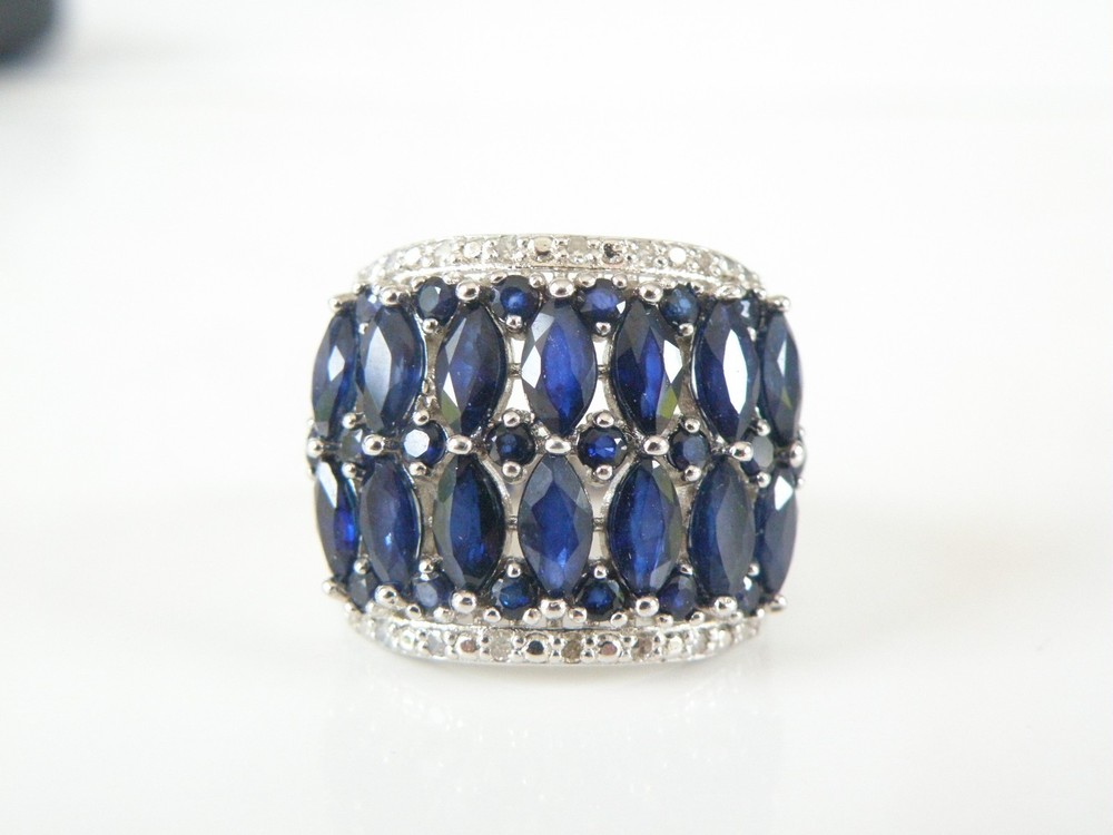 Vintage Sterling Silver 925 Natural Sapphire Diamond Statement Ring Size 7