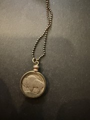 Vintage Hand Carved Buffalo Nickel Hobo Coin Pendant Necklace Folk Art Jewelry