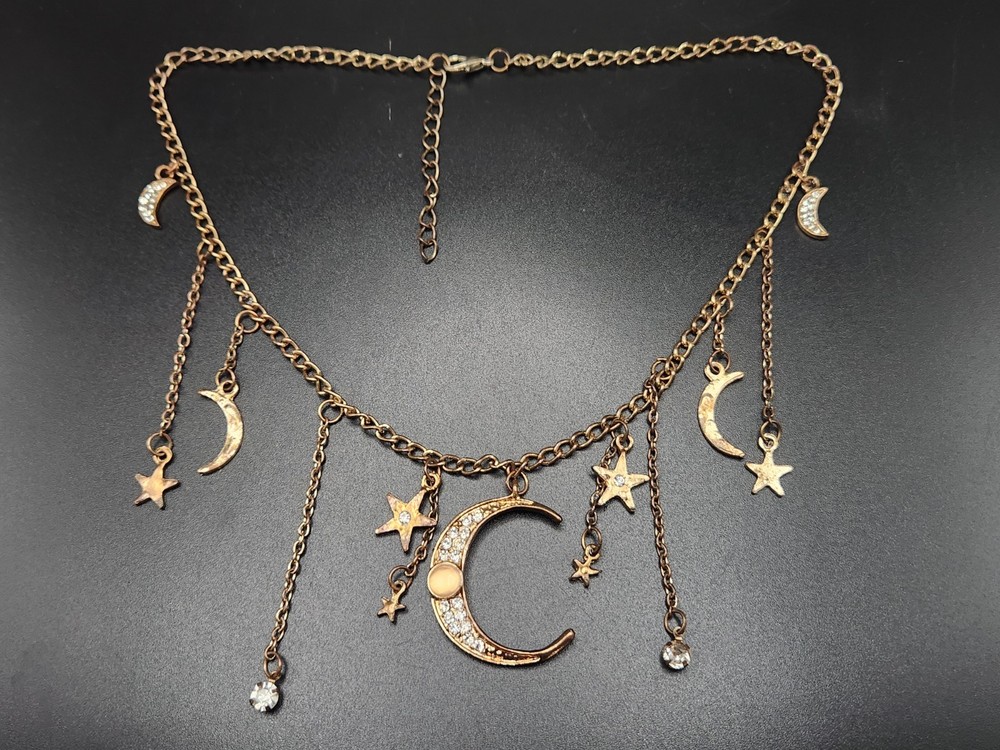 #0243 – Moon & Stars Charm Necklace Antique Gold Tone Rhinestone Celestial…