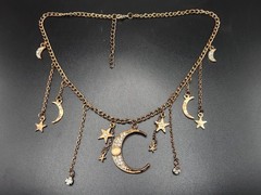 #0243 – Moon & Stars Charm Necklace Antique Gold Tone Rhinestone Celestial…
