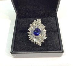 18K White Gold 5.90ctw Oval Blue Sapphire & Tapered Baguette Diamond Ring