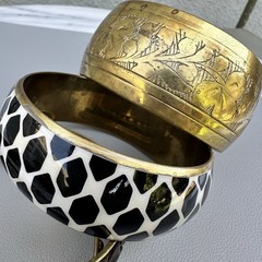 Geometric Brass Bracelet Stack Enamel Bangle Vintage Leather Black White Safari