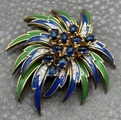 RARE VTG JOMAZ Blue Green Enamel Flower Cabochon Rhinestone Gold Tone Brooch Pin