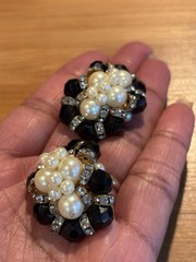 Vintage Muti- Faceted Black Cluster Bead Faux Pearl Earrings with Rhinestones