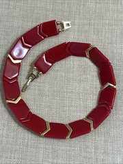 Vintage Red Acrylic Lucite Plastic Choker Collar Red Chevron Gold Necklace Fold
