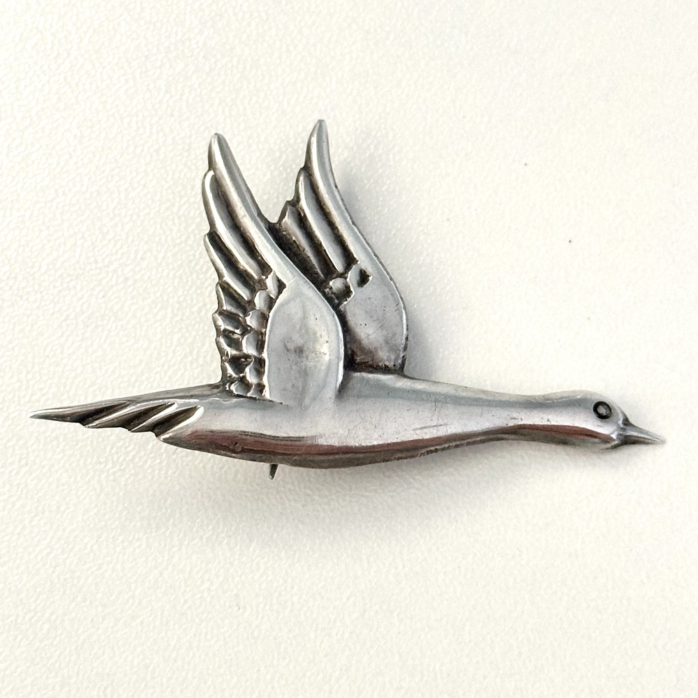 Vintage 925 Sterling Silver Mexico Flying Birds Duck Goose Animal Brooch Pin