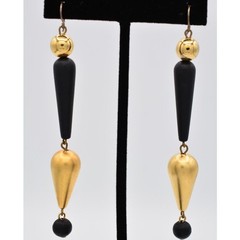 Vintage Dangle Earrings Black Beaded Brushed Gold Matte Drop Chunky 1990s BinAV