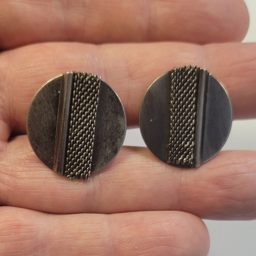 Vintage Sterling Silver Modernist Art With Mesh Wire Strip Clip On Earrings