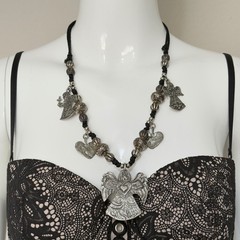 Vintage Signed MARCIE Beaded Pewter 3 Angels Cord Necklace Faith, Hope & Charity