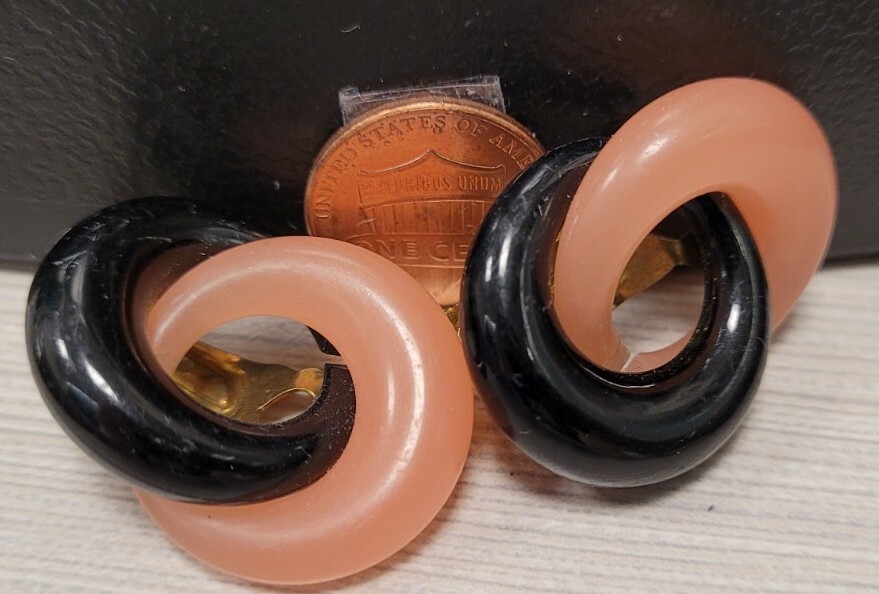 Vintage costume jewelry clip on BLACK & PINK EARRINGS NEW OLD STOCK 1970s 1980s