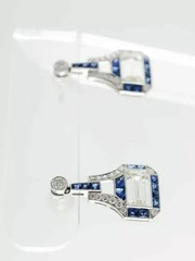Art Deco Style Lab Created Diamond & Sapphire Wedding 14K White Gold FN Earrings