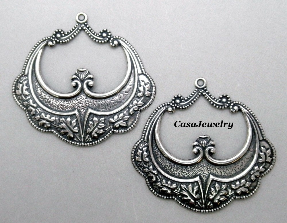 #0167 LARGE ANTIQUED STERLING SILVER PLATED OPEN DROP W/TOP HANG RING – 2 Pc Lot