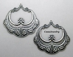 #0167 LARGE ANTIQUED STERLING SILVER PLATED OPEN DROP W/TOP HANG RING – 2 Pc Lot