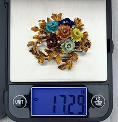 Vintage Italy 18K Gold Colorful Flower & Diamond Brooch KG Old Italian Jewelry