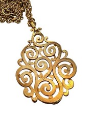 Vintage Crown Trifari Renaissance Teardrop Necklace Pendant Gold Trifarium 28” 8