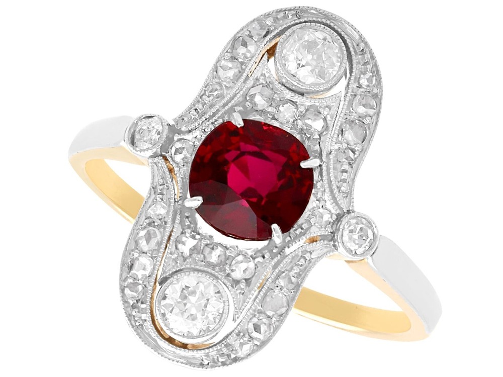 Antique Edwardian 1.18Ct Ruby and 0.66Ct Diamond, 14k Yellow Gold Dress Ring