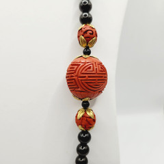 Asian Chinese Inspired Red Carved Cinnabar Black Onyx Bead Beaded Necklace 33 In