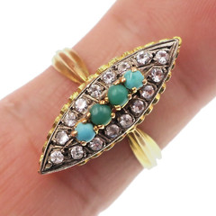 Victorian 18k Solid Yellow Gold Natural Turquoise and White Paste Ring Size 8