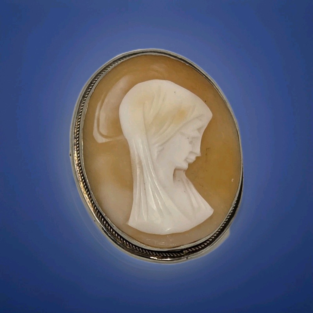 Carved Shell Virgin Mary Cameo Brooch Pin / Pendant 800 Silver Antique 1.25 Inch