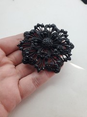 Vintage HUGE JET Black Japanned RHINESTONES Mourning BROOCH PIN FLOWER 2.5″