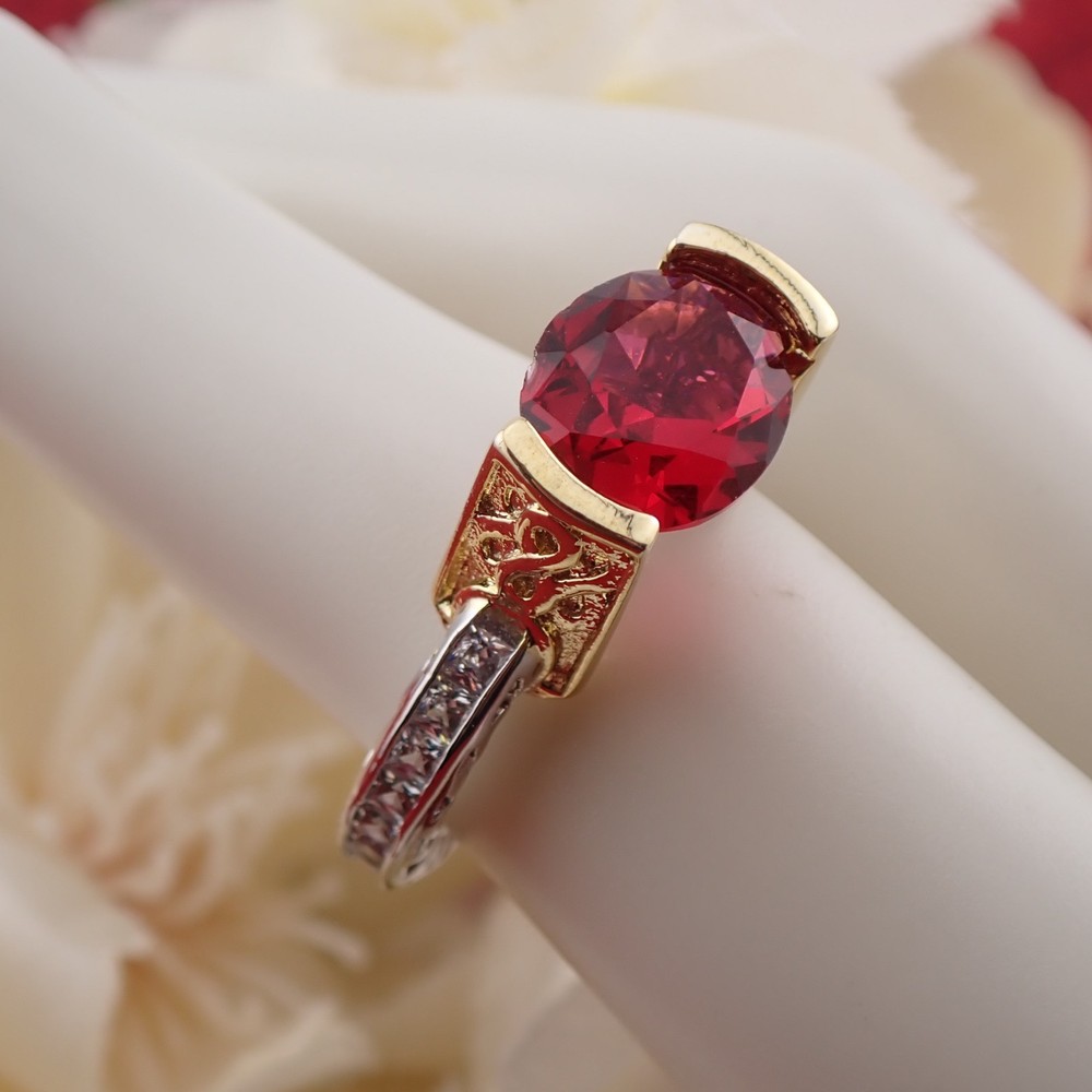 Vintage Tension Set Oval Red Crystal Clear Sides Silver Gold Tone Size 6 Ring