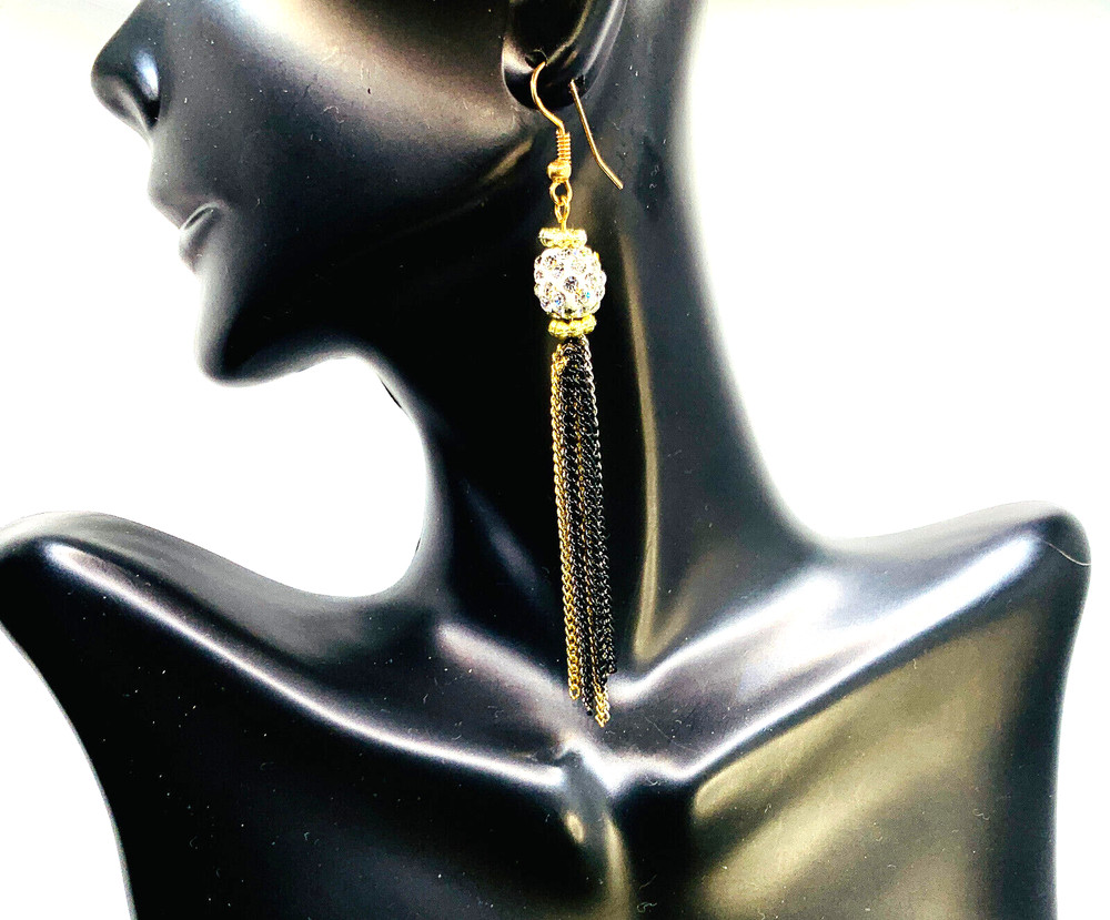 Vintage 1990s 2000s Disco Ball CZ Sparkle Black Gold Chain Tassel NYE Earrings