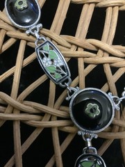 Vintage Art Deco Style Filigree Floral Enamel Black Glass Delicate Necklace 14”