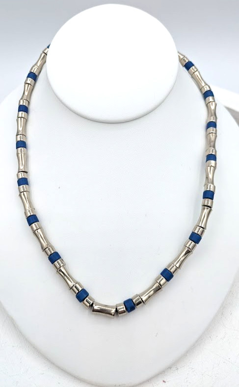 Vintage Necklace Blue Bead Tube Link Sterling Clasp 18 Inch