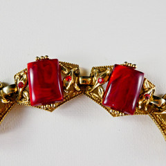 Vintage Red Marbled Acrylic 5 Link Bracelet Ornate Design Retro Pretty