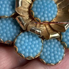 Vtg Mid Century Turquoise Blue Floral Statement Brooch Gold Tone 1960’s Couture